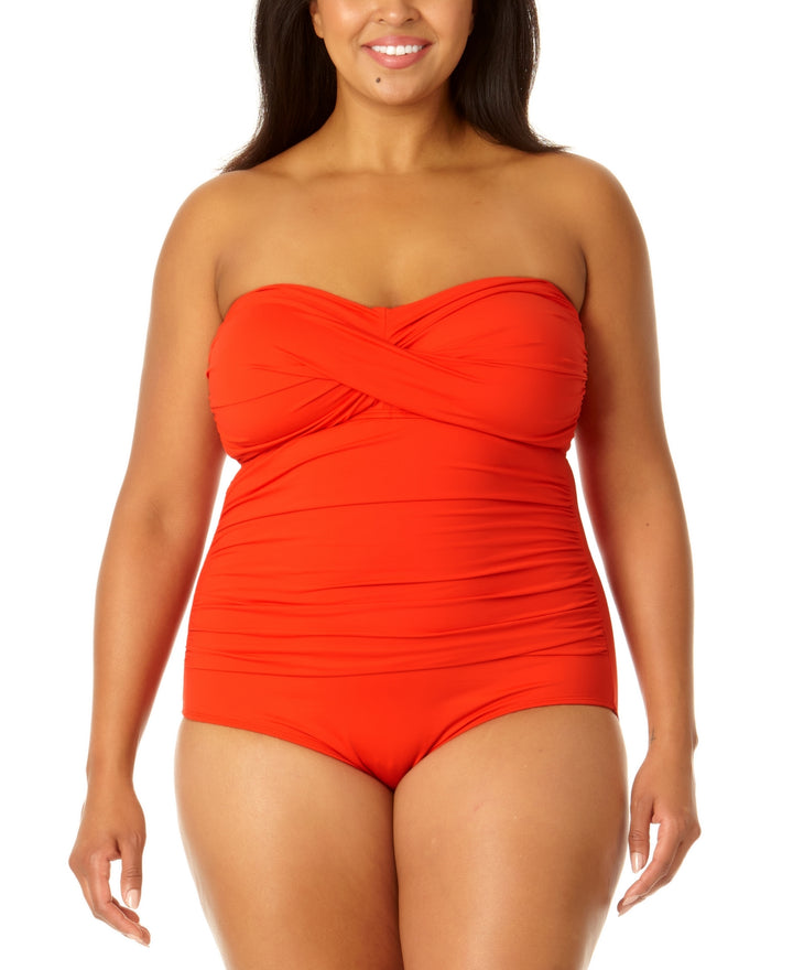 Anne Cole Plus Size Twist-Front Shirred Bandeau One-Piece Swimsuit