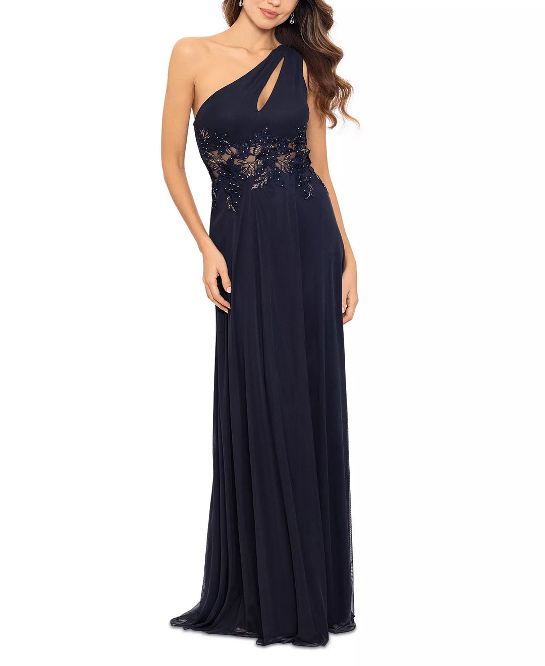 Betsy & Adam One-Shoulder Appliqué Gown