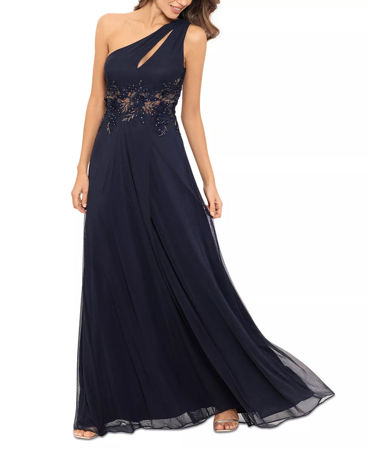Betsy & Adam One-Shoulder Appliqué Gown