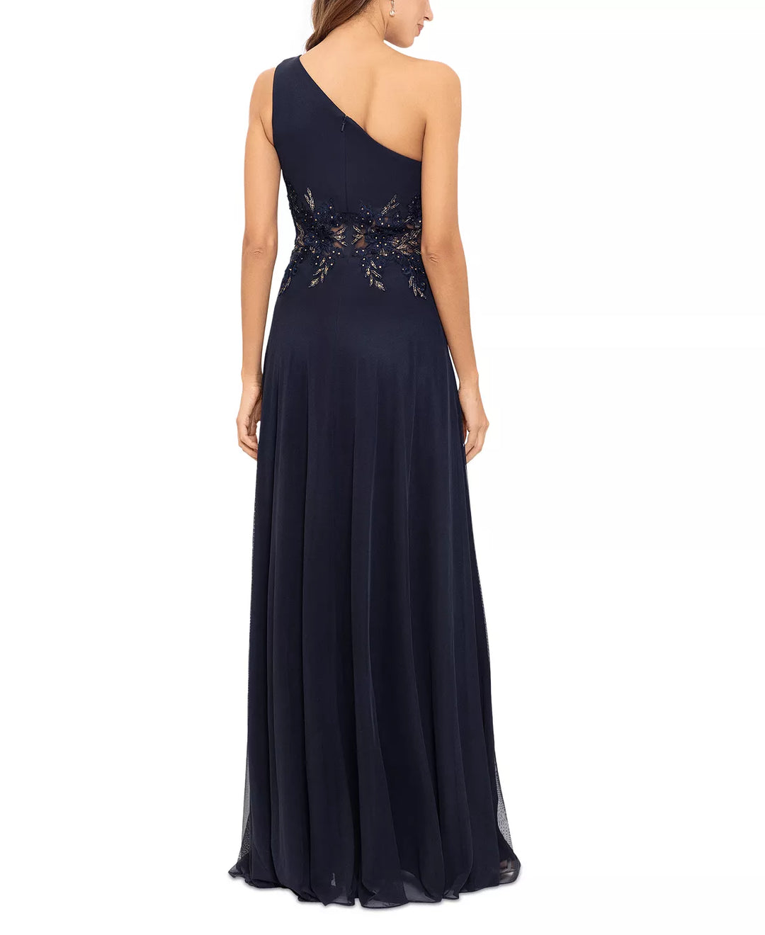 Betsy & Adam One-Shoulder Appliqué Gown