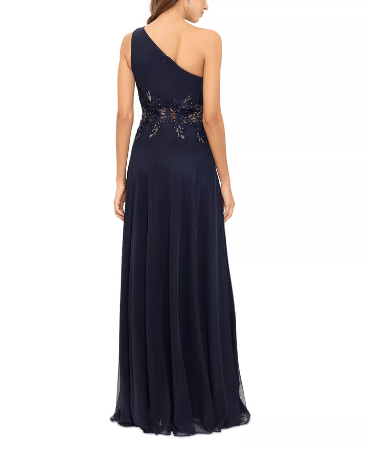 Betsy & Adam One-Shoulder Appliqué Gown