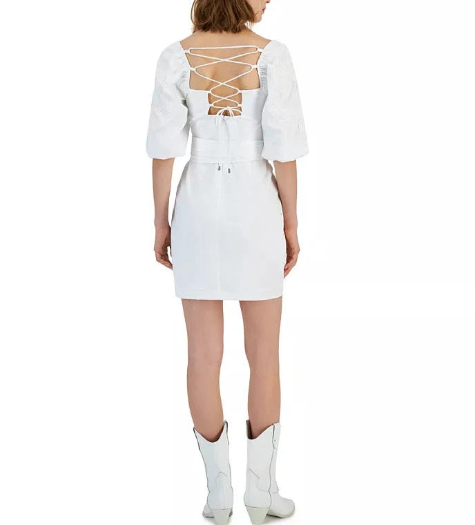 GUESS Women's Embroidered Sleeve Lace-Up Dress