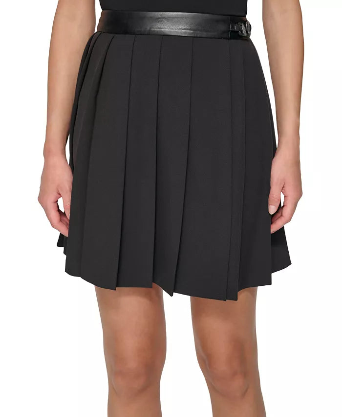 DKNY Pleated Faux-Leather-Trim Mini Skirt