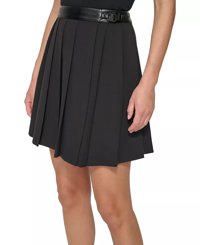 DKNY Pleated Faux-Leather-Trim Mini Skirt