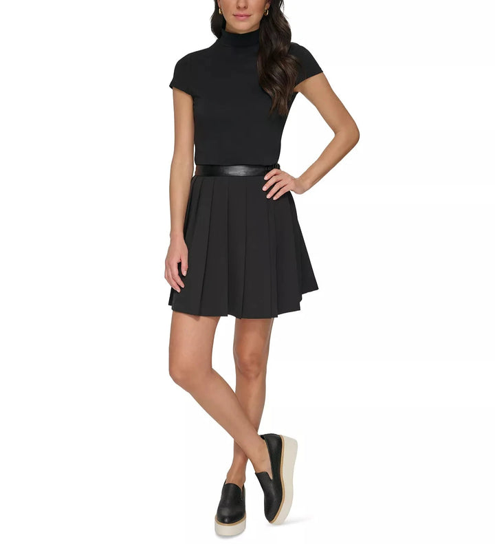 DKNY Pleated Faux-Leather-Trim Mini Skirt