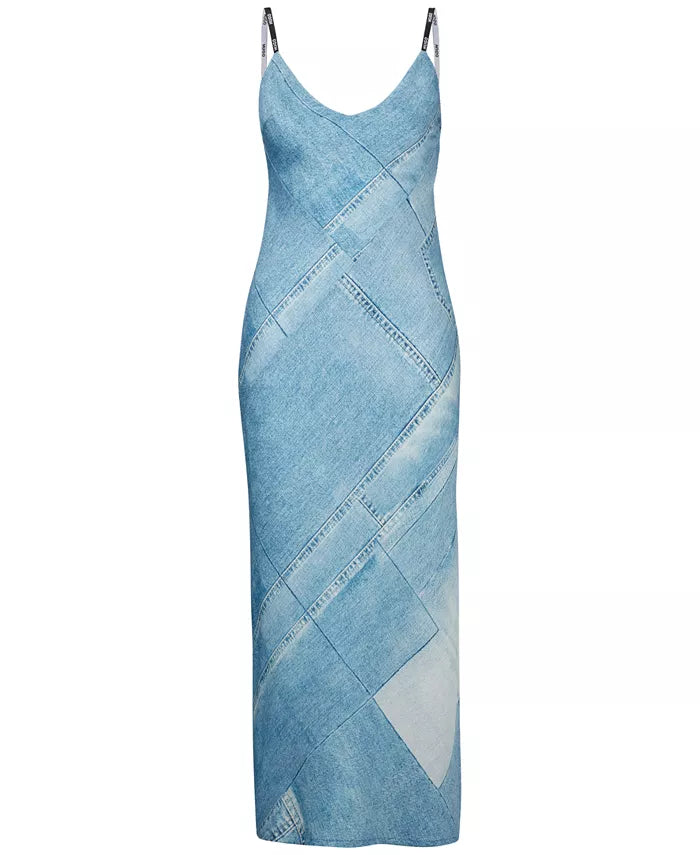 HUGO Denim-Print Logo-Strap Midi Dress