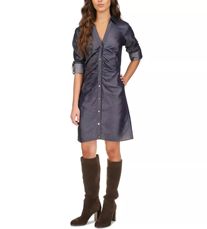 Michael Kors Ruched-Front Roll-Tab-Sleeve Shirtdress