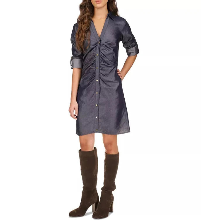 Michael Kors Ruched-Front Roll-Tab-Sleeve Shirtdress