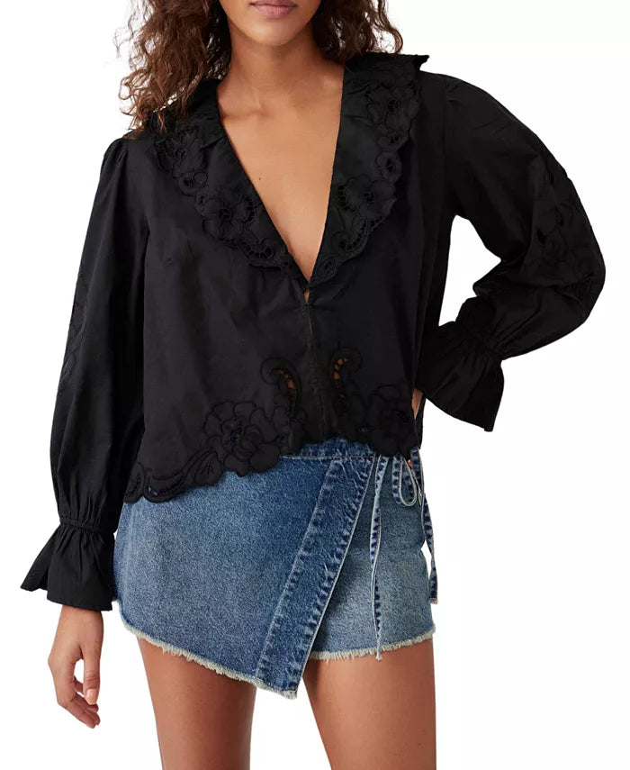 Free People Maisie Eyelet Blouson-Sleeve Cotton Top