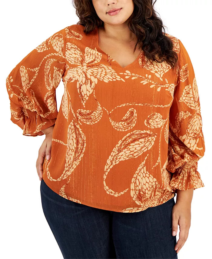 Vince Camuto Plus Size Blouson-Sleeve Smocked-Cuff V-Neck Blouse