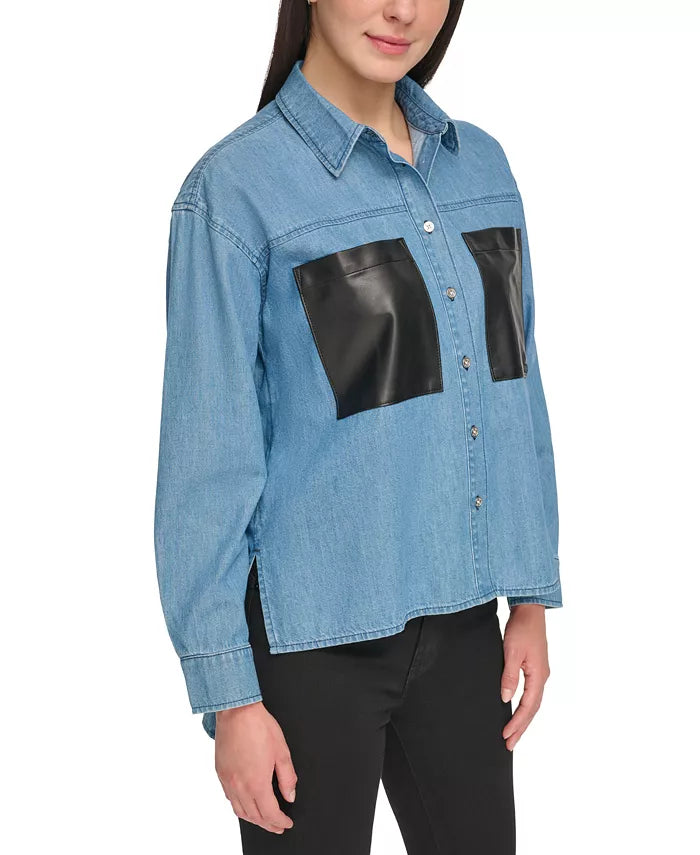 DKNY Jeans Faux-Leather-Pocket Chambray Shirt