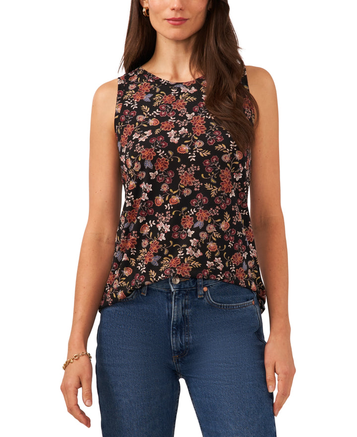 Vince Camuto Printed Crewneck Split Back Keyhole Tank Top