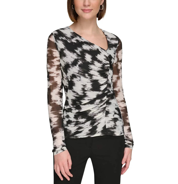 Calvin Klein Printed Twist-Front Asymmetrical Mesh Top