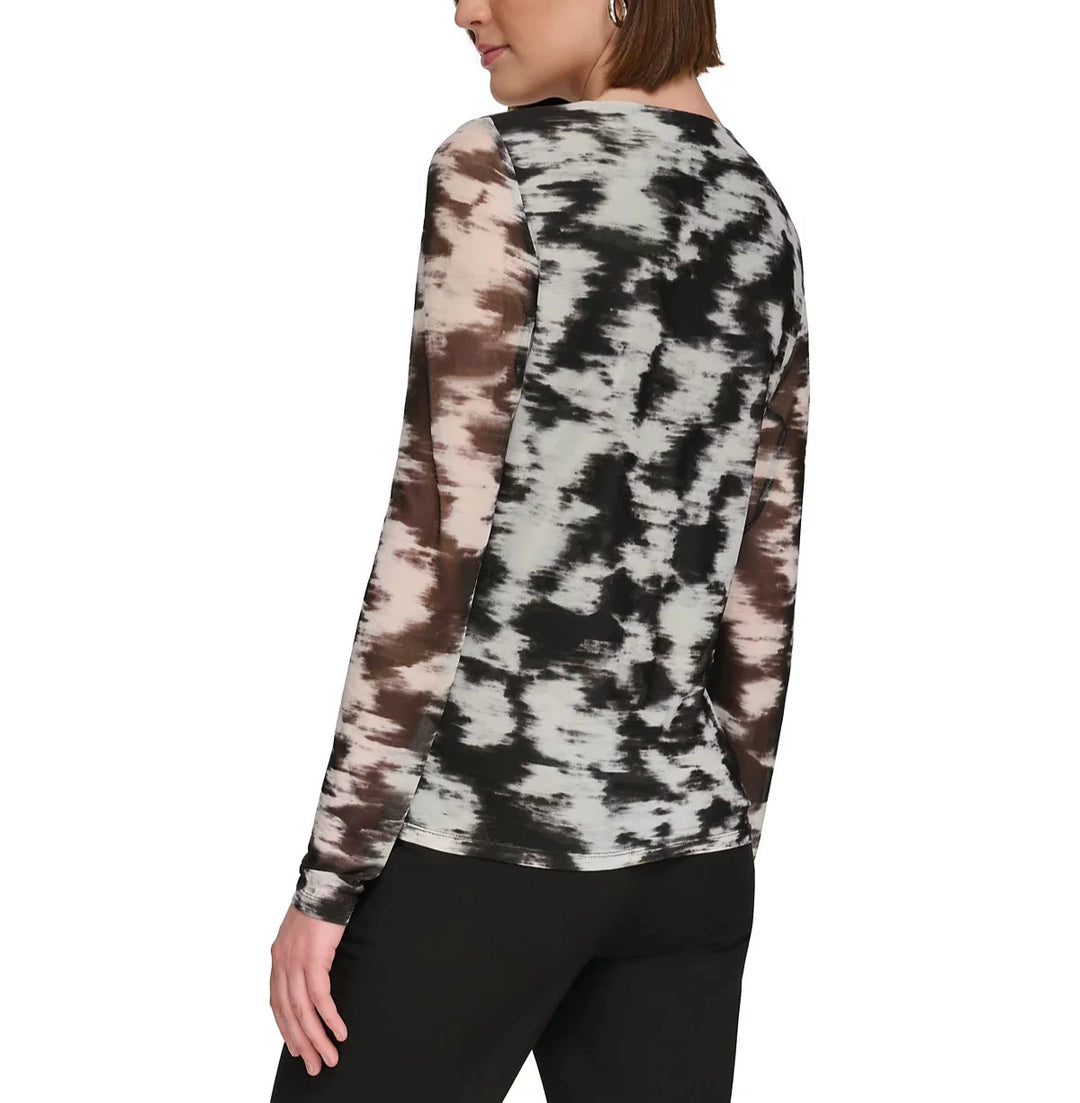 Calvin Klein Printed Twist-Front Asymmetrical Mesh Top