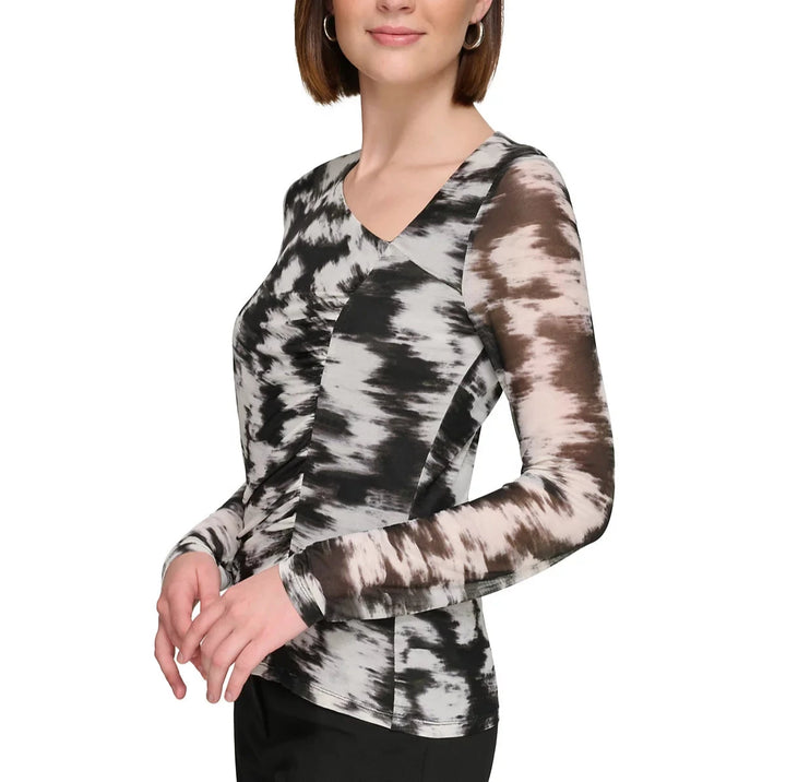Calvin Klein Printed Twist-Front Asymmetrical Mesh Top