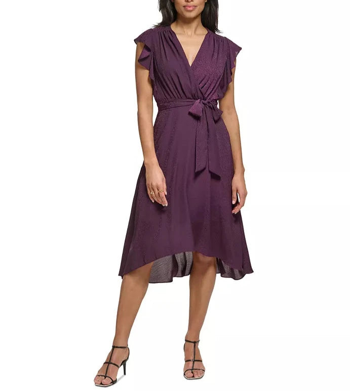 DKNY Flutter-Sleeve Belted High-Low Dress