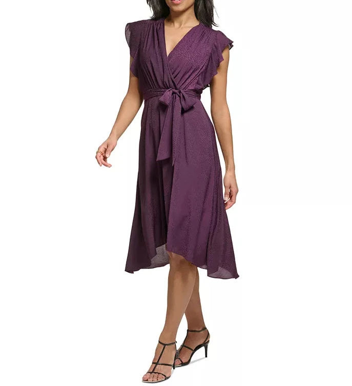 DKNY Flutter-Sleeve Belted High-Low Dress