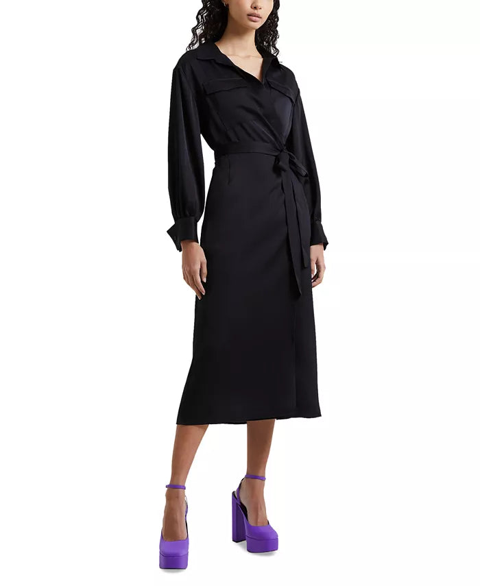 FRENCH CONNECTION Harlow Satin Faux Wrap Midi Shirt Dress