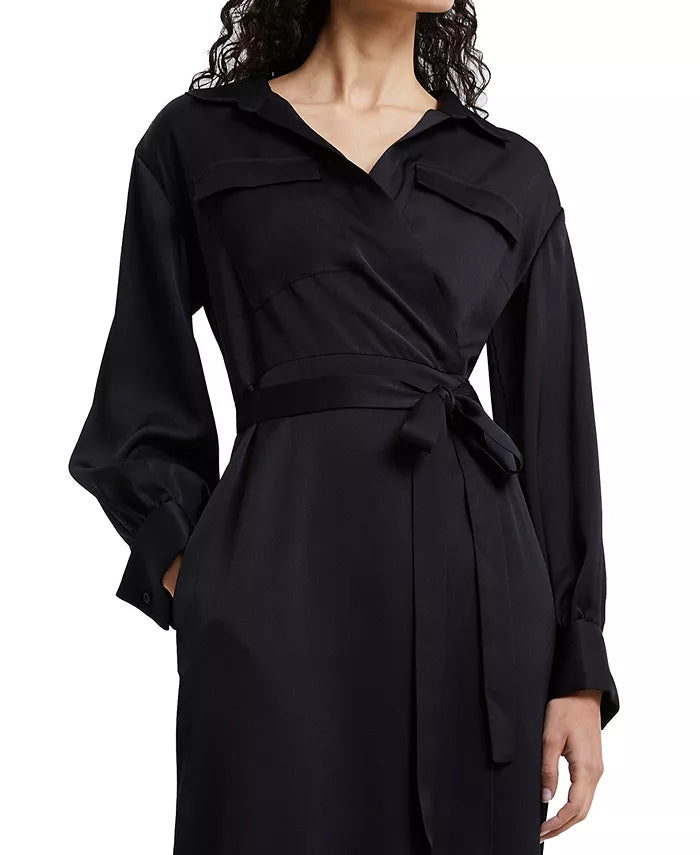 FRENCH CONNECTION Harlow Satin Faux Wrap Midi Shirt Dress