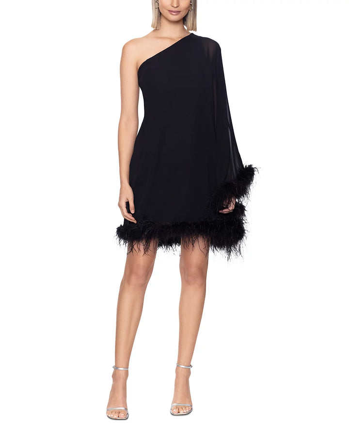 Betsy & Adam Women's One-Shoulder Feather-Trim Shift Dress