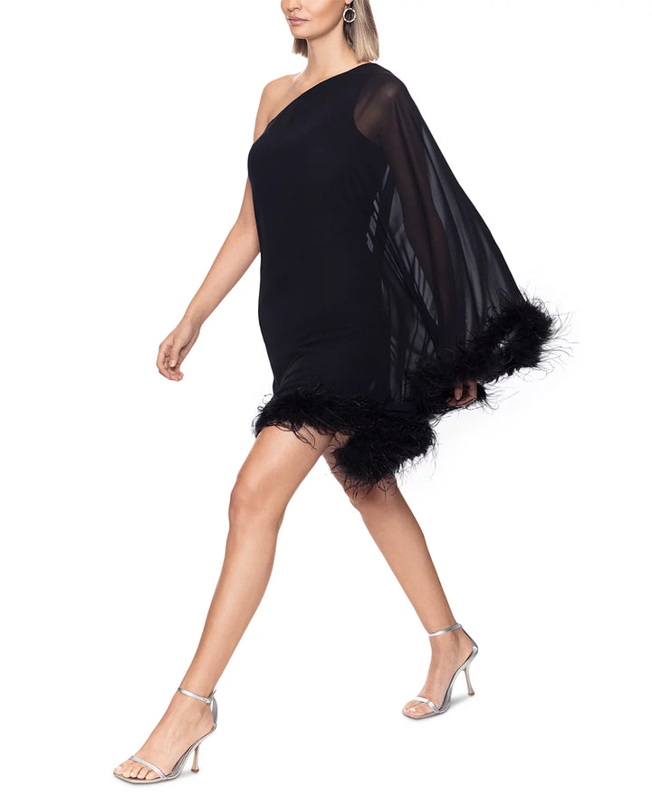 Betsy & Adam Women's One-Shoulder Feather-Trim Shift Dress