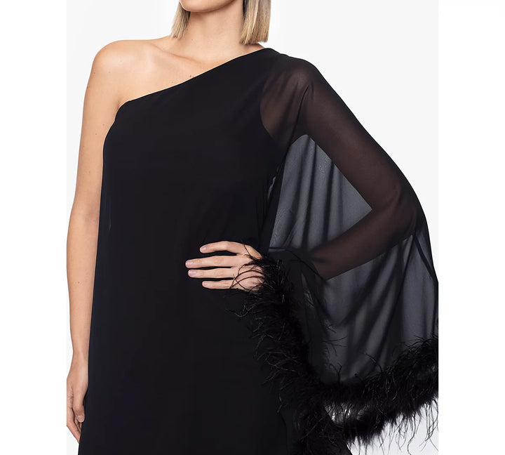 Betsy & Adam Women's One-Shoulder Feather-Trim Shift Dress