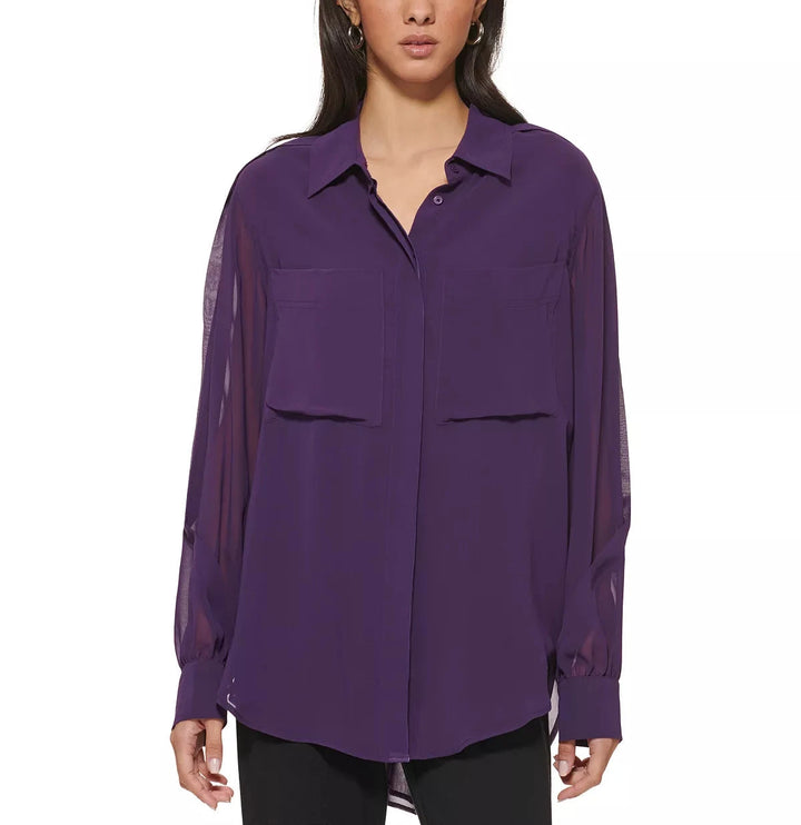 DKNY Georgette Flap-Pocket Tunic Shirt