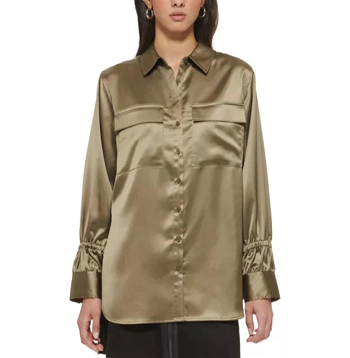 DKNY Satin Flap-Pocket Tunic Shirt