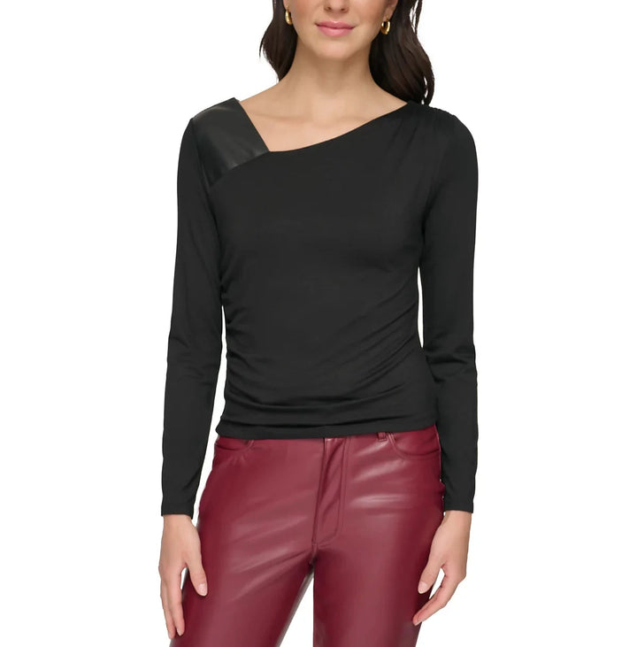 DKNY Mixed-Media Asymmetrical-Neck Top