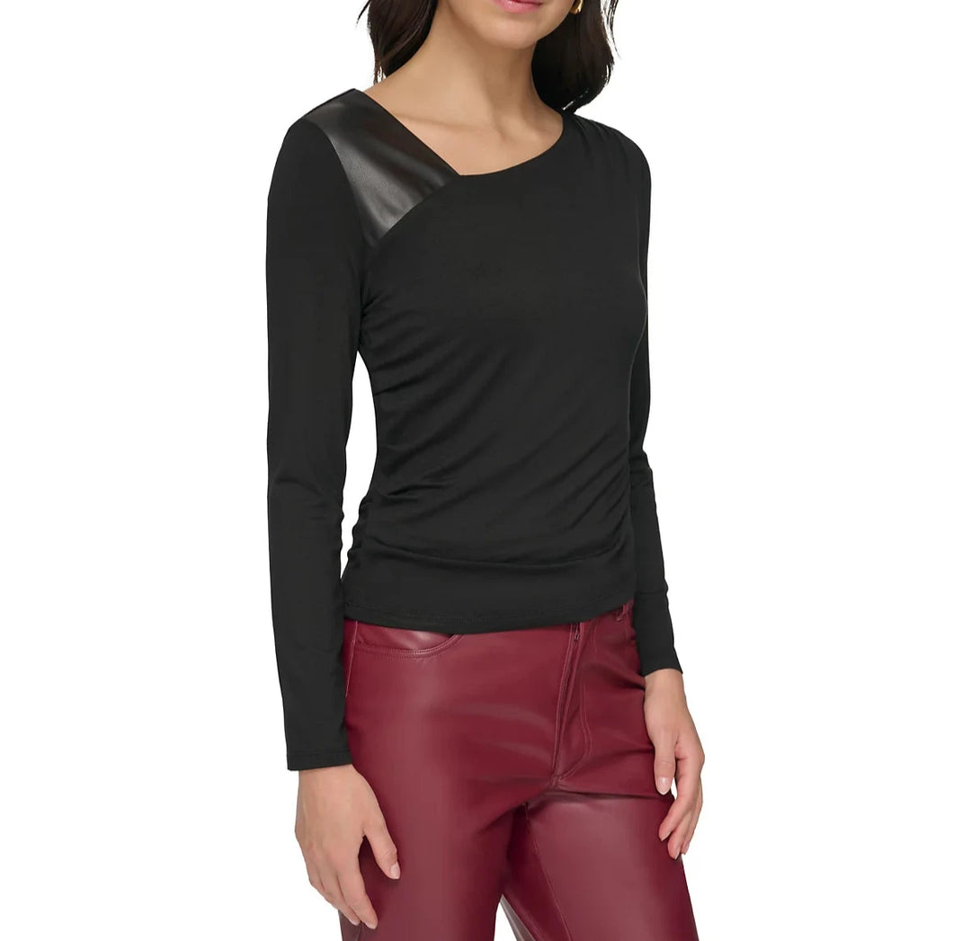 DKNY Mixed-Media Asymmetrical-Neck Top