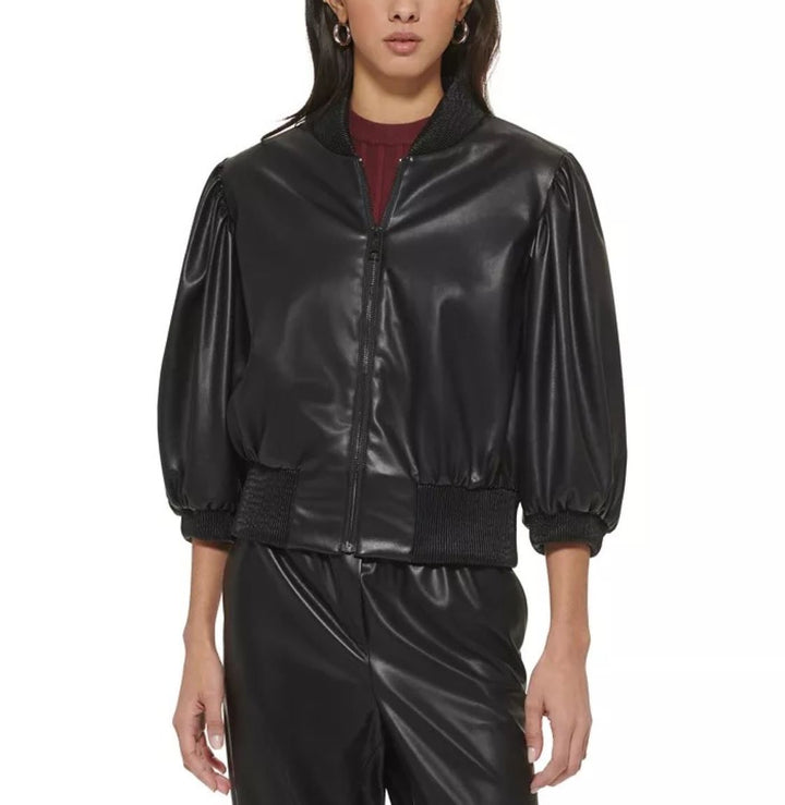DKNY Faux-Leather Blouson-Sleeve Cropped Bomber Jacket