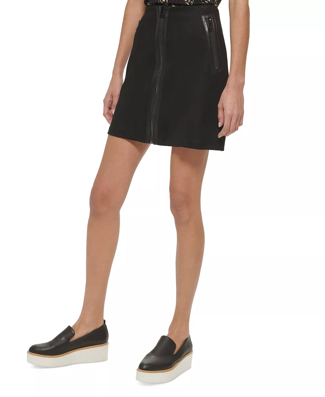 DKNY Zip-Front Faux-Leather-Trim Mini Skirt