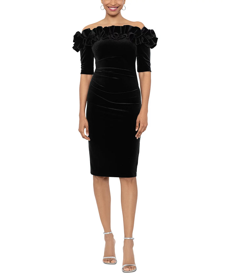 XSCAPE Ruffled Off-The-Shoulder Velvet Sheath Dress