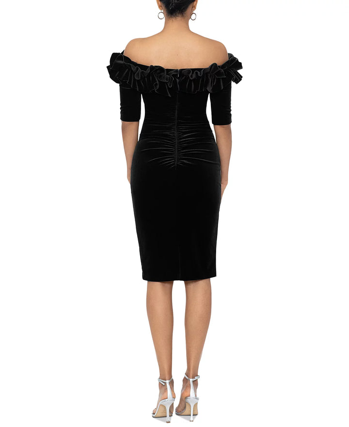 XSCAPE Ruffled Off-The-Shoulder Velvet Sheath Dress