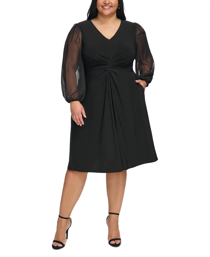 Jessica Howard Plus Size Gathered Blouson-Sleeve Midi Dress