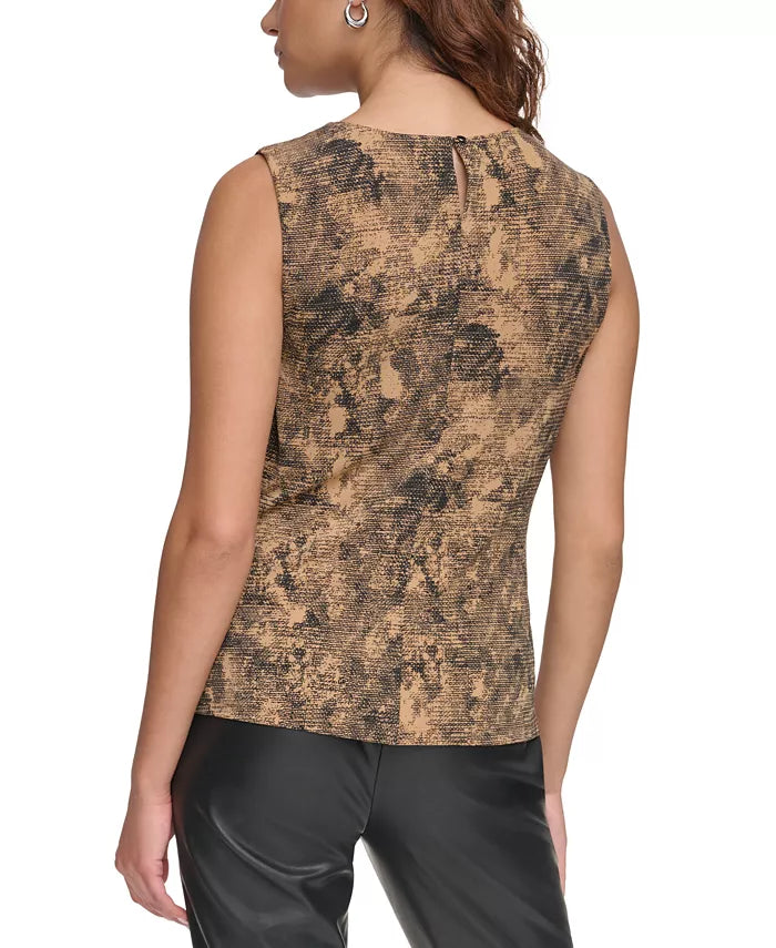 Calvin Klein Petite Sleeveless Printed Pleated-Neck Top