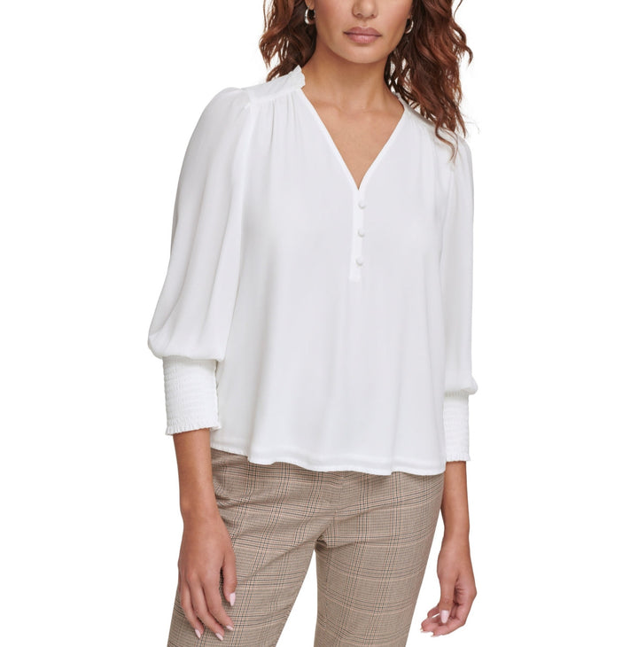 Calvin Klein V-Neck Smocked-Cuff Blouse