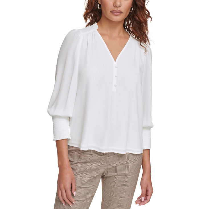 Calvin Klein V-Neck Smocked-Cuff Blouse