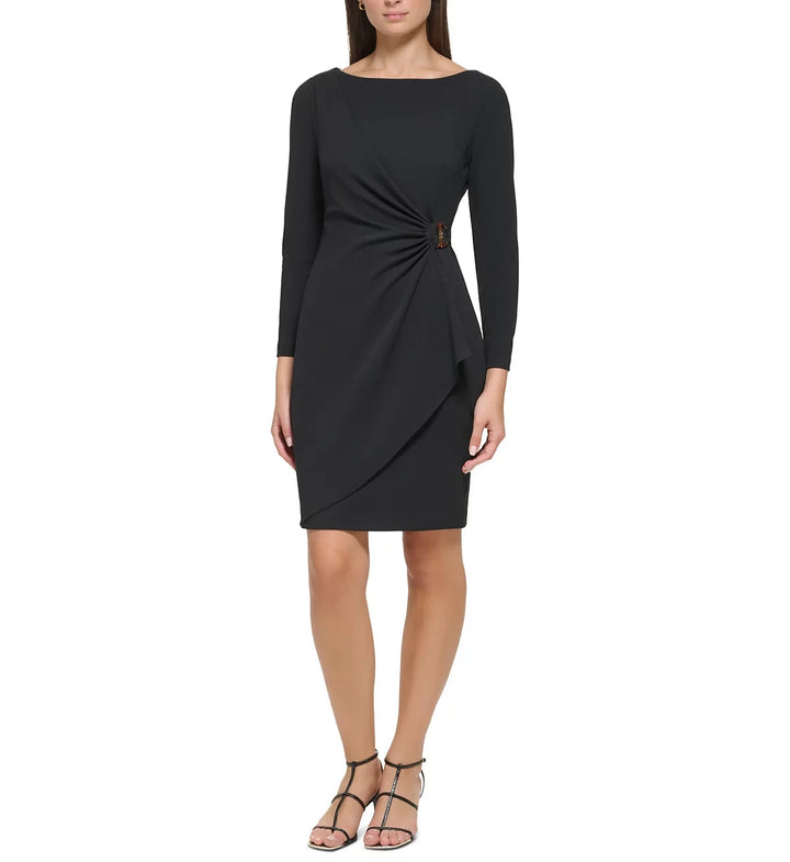 DKNY Side-Ruched Logo-Buckle Faux-Wrap Dress