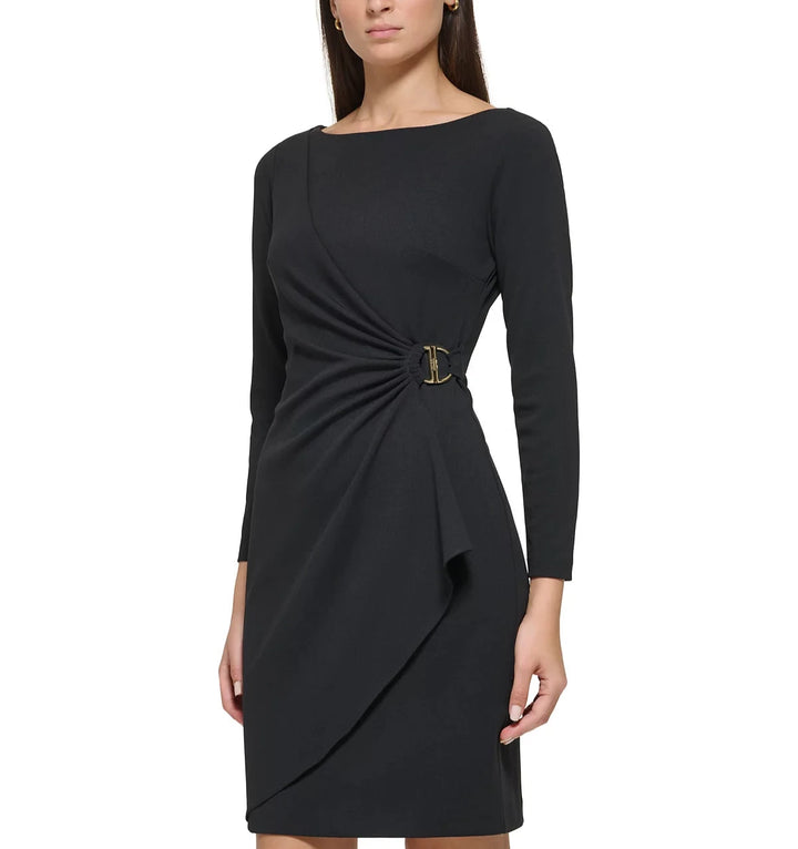 DKNY Side-Ruched Logo-Buckle Faux-Wrap Dress