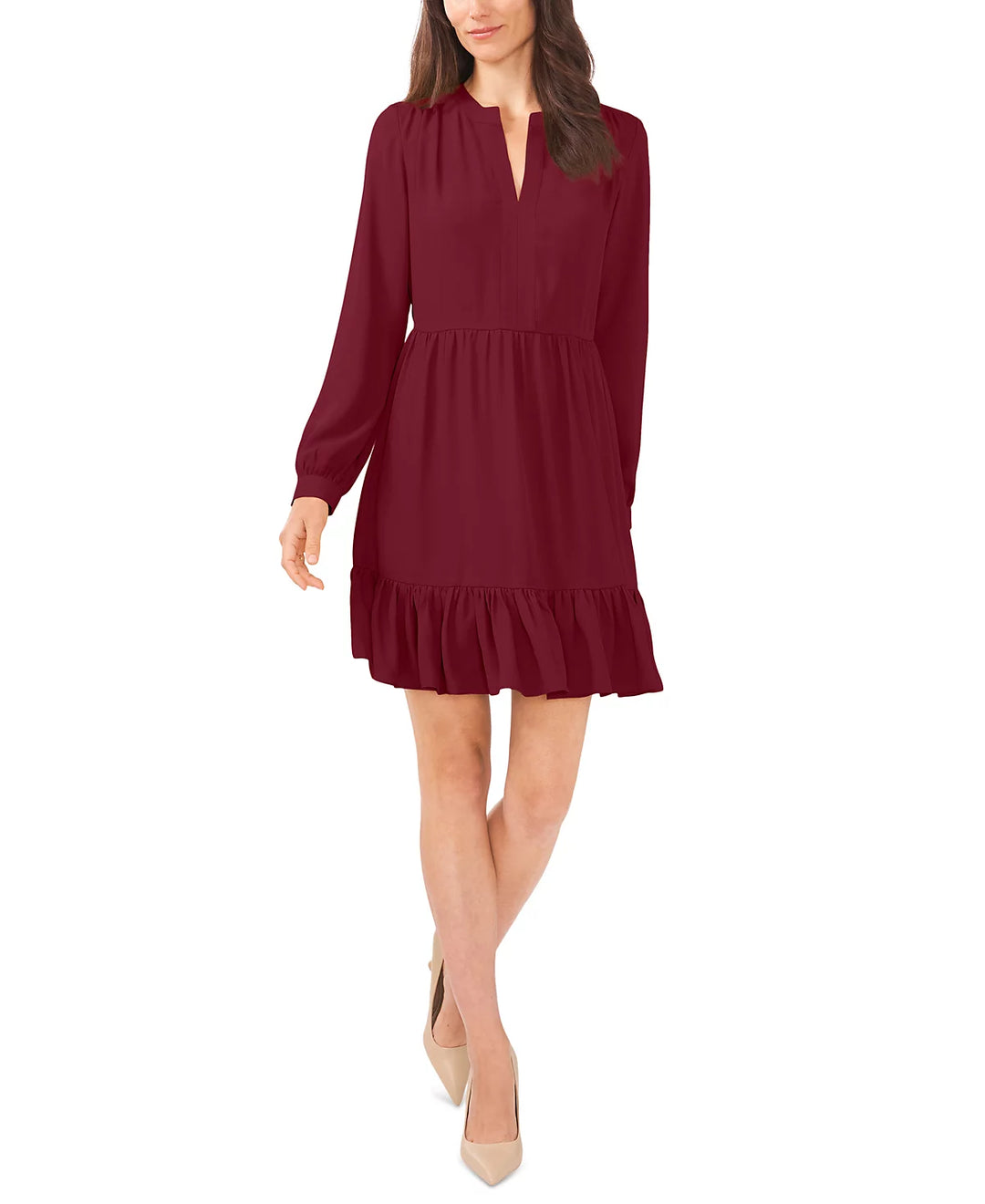 Vince Camuto Solid Long Sleeve Split Neck Tiered Baby Doll Dress