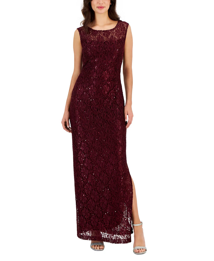 Connected Sequined-Lace Round-Neck Gown