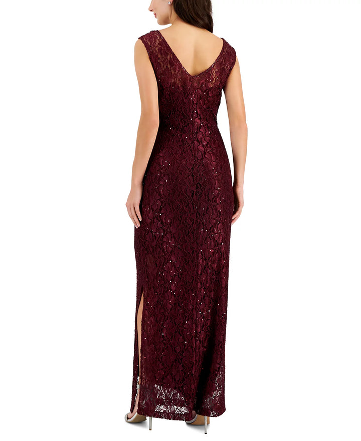 Connected Sequined-Lace Round-Neck Gown