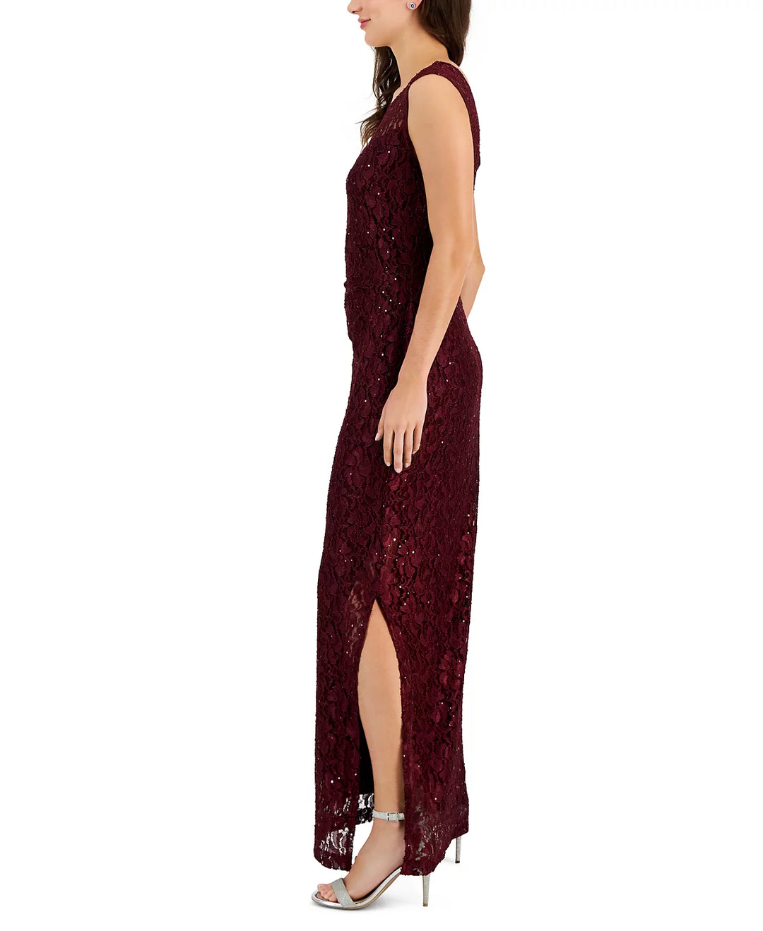 Connected Sequined-Lace Round-Neck Gown