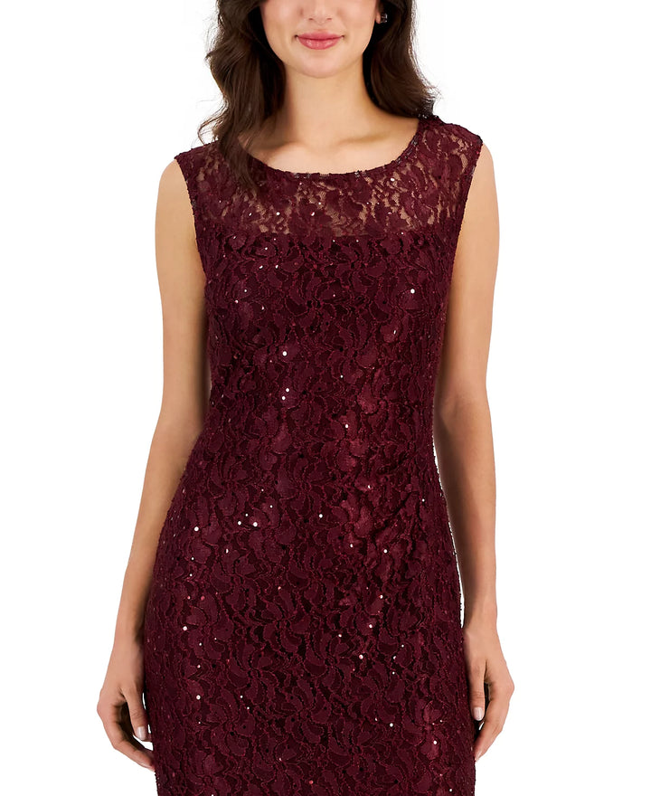 Connected Sequined-Lace Round-Neck Gown