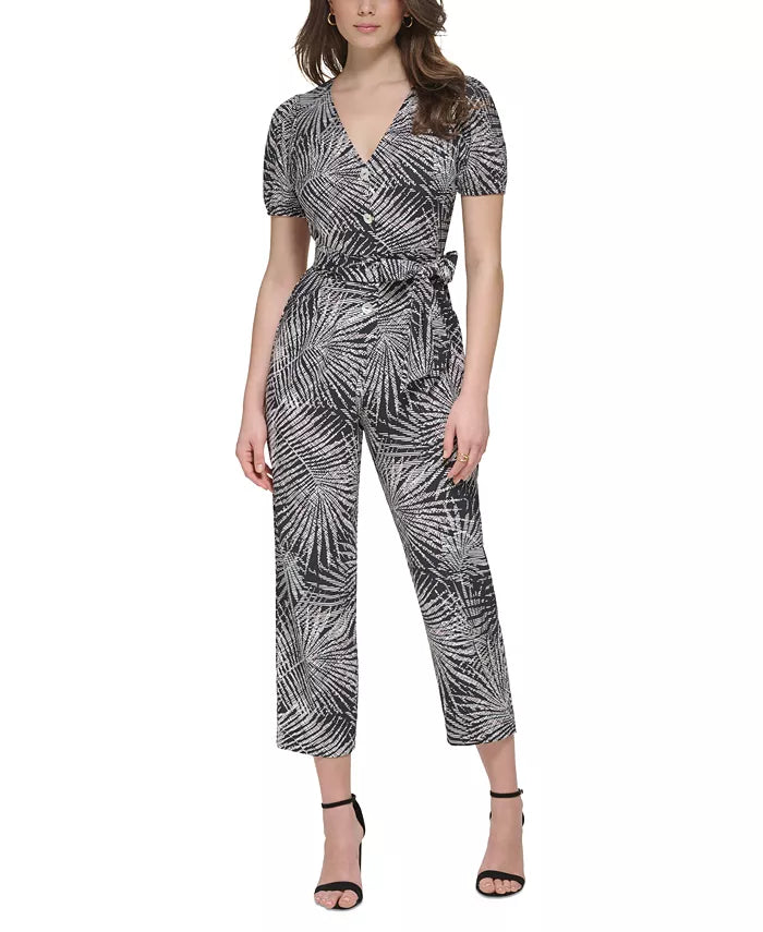 kensie V-Neck Short-Sleeve Button-Front Jumpsuit