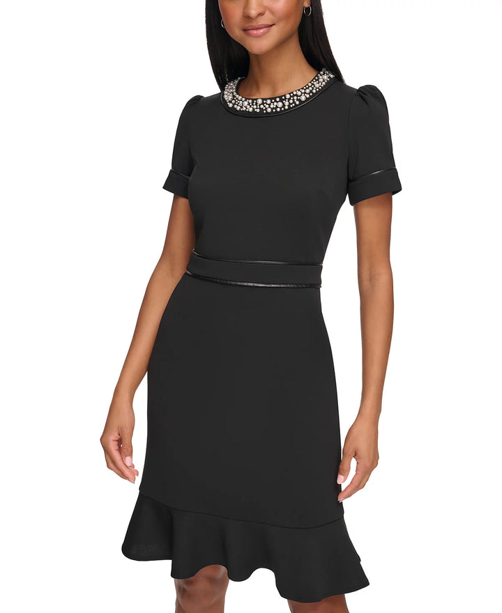 KARL LAGERFELD PARIS Imitation-Pearl-Collar Flounce-Hem Dress