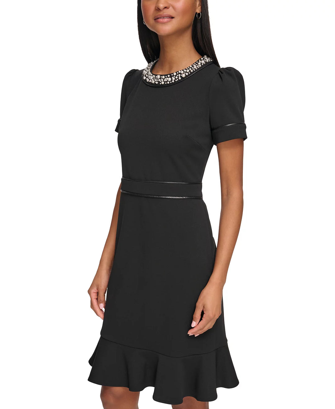 KARL LAGERFELD PARIS Imitation-Pearl-Collar Flounce-Hem Dress