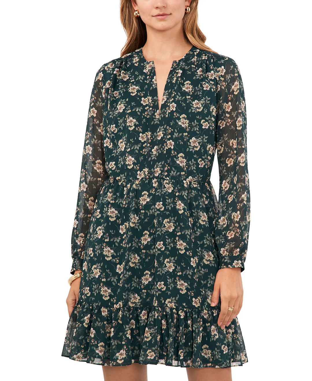 Vince Camuto Floral Ruffled Hem Sheer Long Sleeve Dress