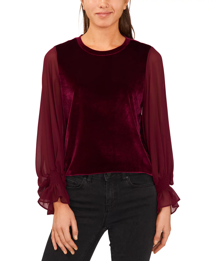 CeCe Long-Sleeve Mixed Media Blouse